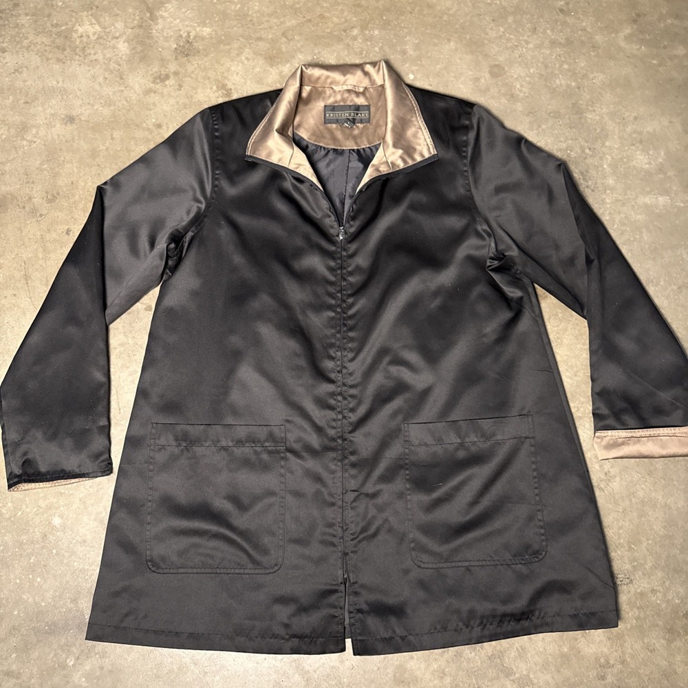 Kristen Blake Satin Black Gold BronzeWomens Top Coat Jacket Trench Zipper L